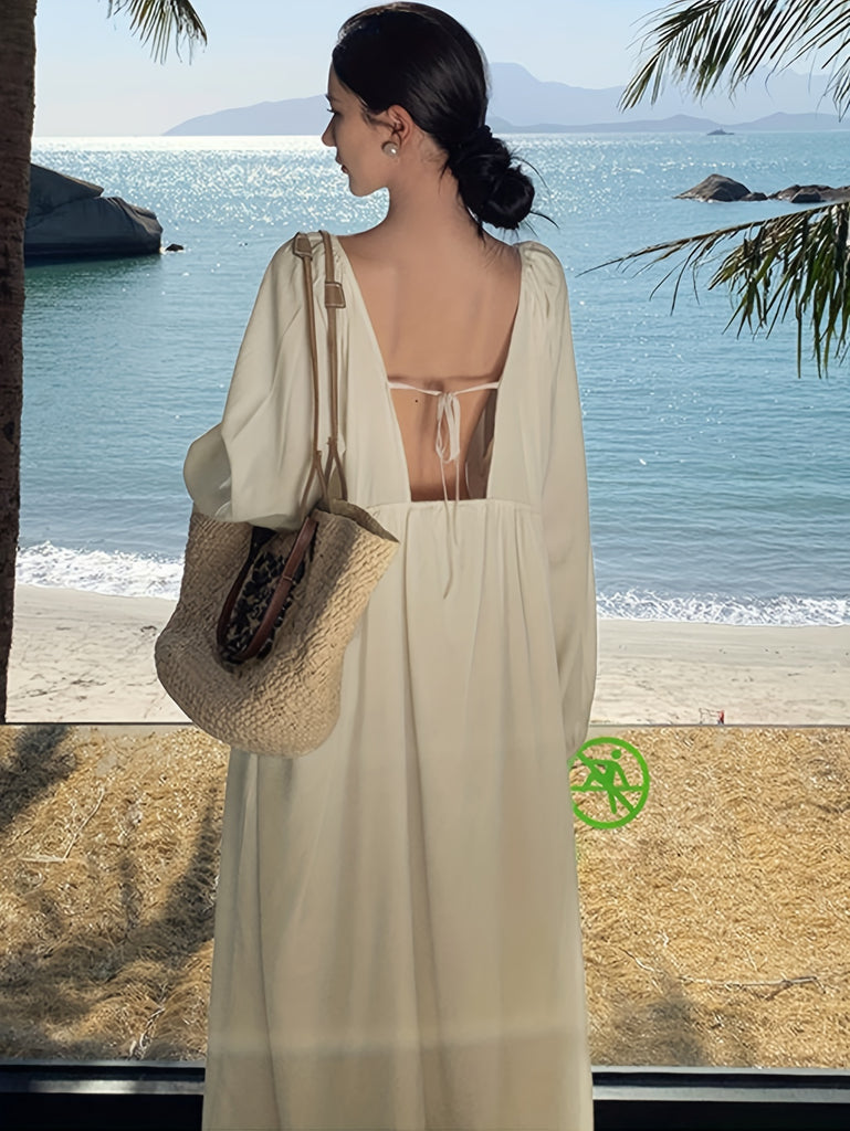 kkboxly kkboxly Solid Tie Backless Loose Dress, Vacation Long Sleeve S Kkboxly kkboxly kkboxly Solid Tie Backless Loose Dress, Vacation Long Sleeve S Kkboxly