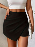 kkboxly Solid Ruched Asymmetrical Hem Skorts, Casual Zip Back Skort For Spring & Summer, Women's Clothing