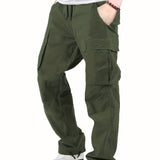 kkboxly  Men's Drawstring Multi-Pocket Heavyweight 100% Cotton Cargo Pants, Casual Pants, Straight Leg Pants, Men's Everyday, Outdoor Bottoms, Tactical Trousers