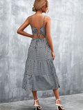 kkboxly  Plaid Ruffle Hem Cami Dress, Casual Backless Lace Up Spaghetti Dress, Women's Clothing