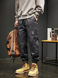 kkboxly  Retro Casual Men's Cotton Blend Long Drawstring Footed Trousers With Multiple Pockets, Spring Fall Outdoor, Street Style