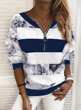 kkboxly  Floral Print Striped Zipper Pullover Sweatshirt, Casual Long Sleeve Sweatshirt For Fall & Winter, Women's Clothing