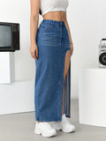 kkboxly  Split Thigh Whiskering Denim Midi Skirt, Slant Pockets Non-Stretch Casual Denim Skirt, Women's Denim Clothing