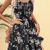 Kkboxly  Vintage Floral Print Cami Dress, Sexy Pleated Sleeveless Dress, Women's Clothing