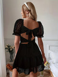 kkboxly  Tie Back Ruched Dress, Elegant Puff Sleeve Solid Dress, Women's Clothing