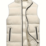 kkboxly  Warm Winter Vest, Men's Casual Zipper Pockets Stand Collar Zip Up Cotton Padded Vest For Fall Winter
