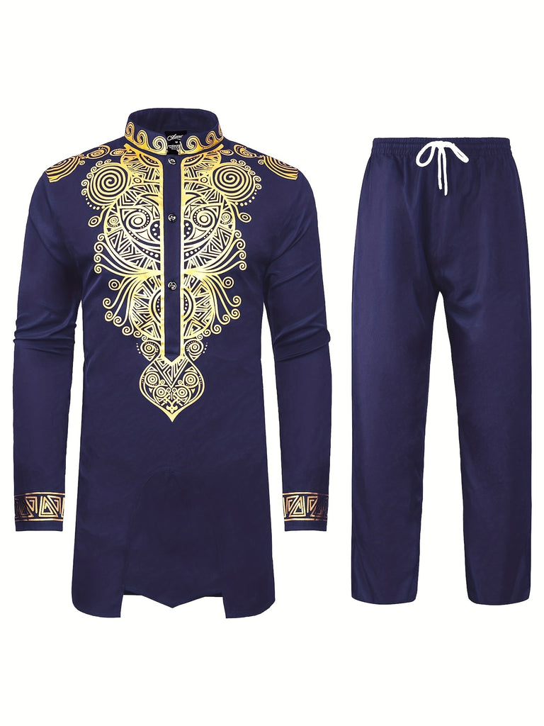 kkboxly  Men's African 2 Piece Set Long Sleeve Gold Print Dashiki And Pants Outfit Traditional Suit