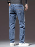 kkboxly  Men's Stylish Cotton Blend Solid Denim Trousers With Pockets, Causal Breathable Slim-fit Jeans For Spring Fall Outdoor Activities