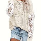 kkboxly  Contrast Lace Eyelet Knit Sweater, Casual Crew Neck Long Sleeve Sweater, Women's Clothing