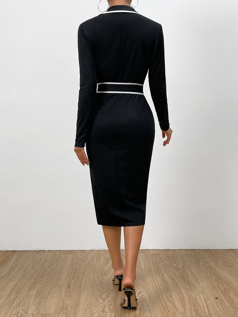Lapel Elegant Bodycon Dress, Tie Waist Long Sleeve Casual Dress For Fall & Winter, Women's Clothing