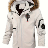 kkboxly  Plus Size Men's Badge Print Hooded Jacket Windbreaker Cargo Jacket For Fall Winter, Men's Clothing