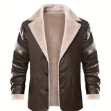 kkboxly Men's Stylish Solid Faux Leather Jacket With Pockets, Active Slightly Stretch Breathable Lapel Zip Up Long Sleeve Fleece Jacket  For Hiking Jogging Cycling Outdoor Fitness Workout