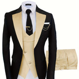 kkboxly  Formal 3 Pieces Set, Men's One Button Suit Jacket & Vest & Pants Suit Set For Business Dinner Wedding Party