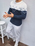 kkboxly  Crew Neck Knitted Sweater, Men's Casual Warm Color Block Slightly Stretch Pullover Sweater For Fall Winter