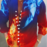 kkboxly  Blue, Red Flame 3D Pattern Print Men's Casual Long Sleeve Shirt, Men's Shirt For Spring Summer Autumn, Tops For Men