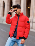 kkboxly  Men's Solid Padded Jacket, Men Casual Padded Coat Windbreaker Zipper Pocket Stand Collar For Men Winter