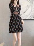 kkboxly  Chain Print Button Front Dress, Elegant Long Sleeve Dress, Women's Clothing