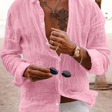 kkboxly  Solid Men's Casual Loose Long Sleeve Button Up Shirt, Spring Fall Outdoor