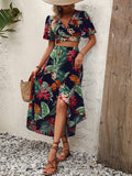 2025 kkboxly  Tropical Print Vacation Two-piece Set, V Neck Flutter Sleeve Tops & High Waist Midi Skirts Outfits, Women's Clothing