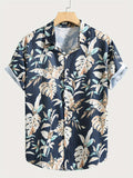 kkboxly  Tropical Leaf Retro Hawaiian Shirt, Men's Casual Button Up Short Sleeve Shirt For Summer Vacation Resort