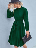 kkboxly  Women's Dresses Elegant Dress Pleated Frill Neck Flounce Long Sleeve Belted Dresses