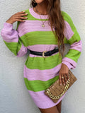 kkboxly  Striped Color Block Crew Neck Dress, Elegant Long Sleeve Drop Shoulder Loose Dress, Women's Clothing