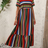 kkboxly  Colorblock Stripe Print Dress, Casual Short Sleeve Ruffles Hem Dress For Spring & Summer, Women's Clothing