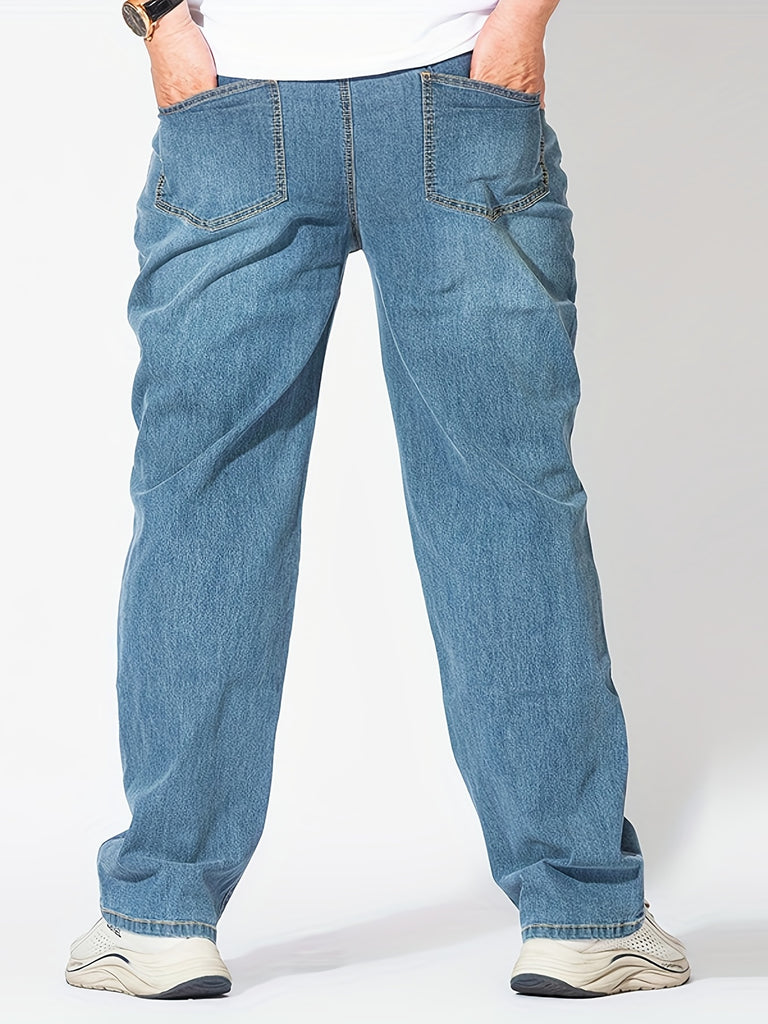 Plus Size Men's Mid Rise Light Indigo Straight Leg Stretch Comfortable Fit Jeans, Casual Trendy Oversized Long Pants