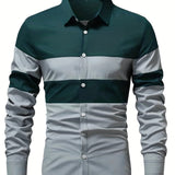 kkboxly  Color Block Print Men's Casual Button Up Long Sleeve Shirt, Men's Clothes For Spring Summer Autumn, Tops For Men