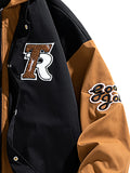 kkboxly Men's Casual Fake Two-piece Jacket, Chic Letter Embroidery Hooded Varsity Jacket