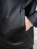 kkboxly  Warm Fleece PU Jacket, Men's Casual Solid Color Zip Up Lapel Faux Leather Jacket For Fall Winter