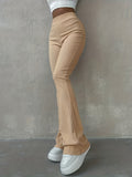 kkboxly  Solid Ribbed Flare Leg Pants, High Waist Slim Elastic Pants, Women's Clothing