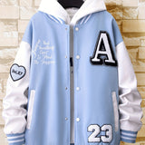 kkboxly  Men's Stand Collar Casual Loose Sports Jacket Color Block "A" Letter Embroidery Button Pocket Coat Top Clothes