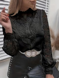 kkboxly  Women's Blouses Women Sexy Lace Patchwork Hollow Out Shirt Blouse Long Sleeve O-Neck Elegant Blouses