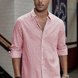 kkboxly  Men's Shirt Top Turn-Down Collar Long Sleeves Vertical Striped Closure Regular Fit Male Casual Shirt For Daily Formal Wear Beach Vacation