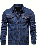kkboxly Men's Chic Denim Jacket, Street Style Lapel Button Up Multi Pocket Jacket Coat