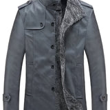 Men's Warm Fleece PU Jacket For Fall Winter, Casual Button Up Stand Collar Faux Leather Jacket