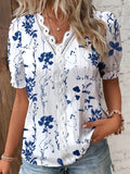 kkboxly   Floral Print Contrast Lace Blouse, Casual V Neck Short Sleeve Summer Blouse, Women's Clothing