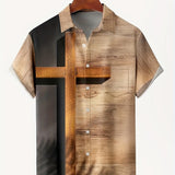 kkboxly  Cross Print Men's Casual Short Sleeve Shirt With Chest Pocket, Men's Shirt For Summer Vacation Resort, Tops For Men, Gift For Men