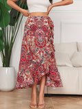 kkboxly  Boho Paisley Print Ruffle Hem Skirt, Casual Wrap Skirt For Spring & Summer, Women's Clothing