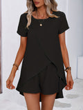 kkboxly  Solid Casual Two-piece Set, Short Sleeve Asymmetrical Hem Long Length T-shirt & Elastic Waist Shorts Outfits, Women's Clothing