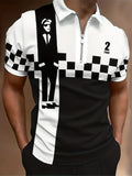 kkboxly  Gentleman & Plaid Pattern Print Men's Casual Short Sleeves Zipper Graphic Polo Shirts, Lapel Collar Tops Pullovers, Men's Clothing For Summer