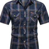 kkboxly  Trendy Plaid Print Men's Casual Short Sleeve Cotton Shirt With Chest Pocket, Men's Shirt For Summer, Tops For Men