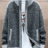 Men's Full Zip Up Casual Stand Collar Cardigan, Regular Fit Knitted Sweater Jacket Coat With Pockets For Winter Fall