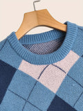 kkboxly  Plain Color Block Loose Fit Warm Sweater, Men's Casual Retro Style Slightly Stretch Crew Neck Pullover Sweater For Fall Winter