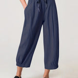 kkboxly  Plus Size Casual Pants, Women's Plus Solid Drawstring Straight Leg Pants With Pockets