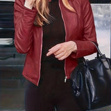kkboxly  Solid Zipper Front Faux Leather Crop Jacket, Casual Long Sleeve Lightweight Jacket For Fall & Spring, Women's Clothing