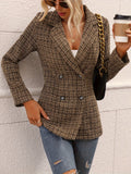 kkboxly  Plaid Double Breasted Lapel Neck Coat, Elegant Long Sleeve Long Length Coat For Fall & Spring, Women's Clothing