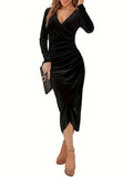 kkboxly  Long Sleeve Draped Dress, Elegant Surplice Neck Slim Dress, Women's Clothing