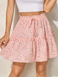 kkboxly  Drawstring Waist Mini Tiered Skirt, Floral Print Vacation Casual Layered Skirt, Women's Clothing